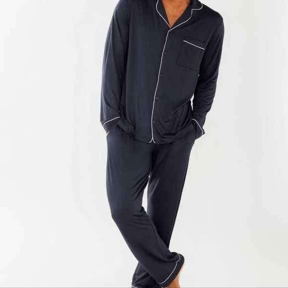 Men's Navy Modal Button Up Long Pyjama Set - Picture 3 of 4